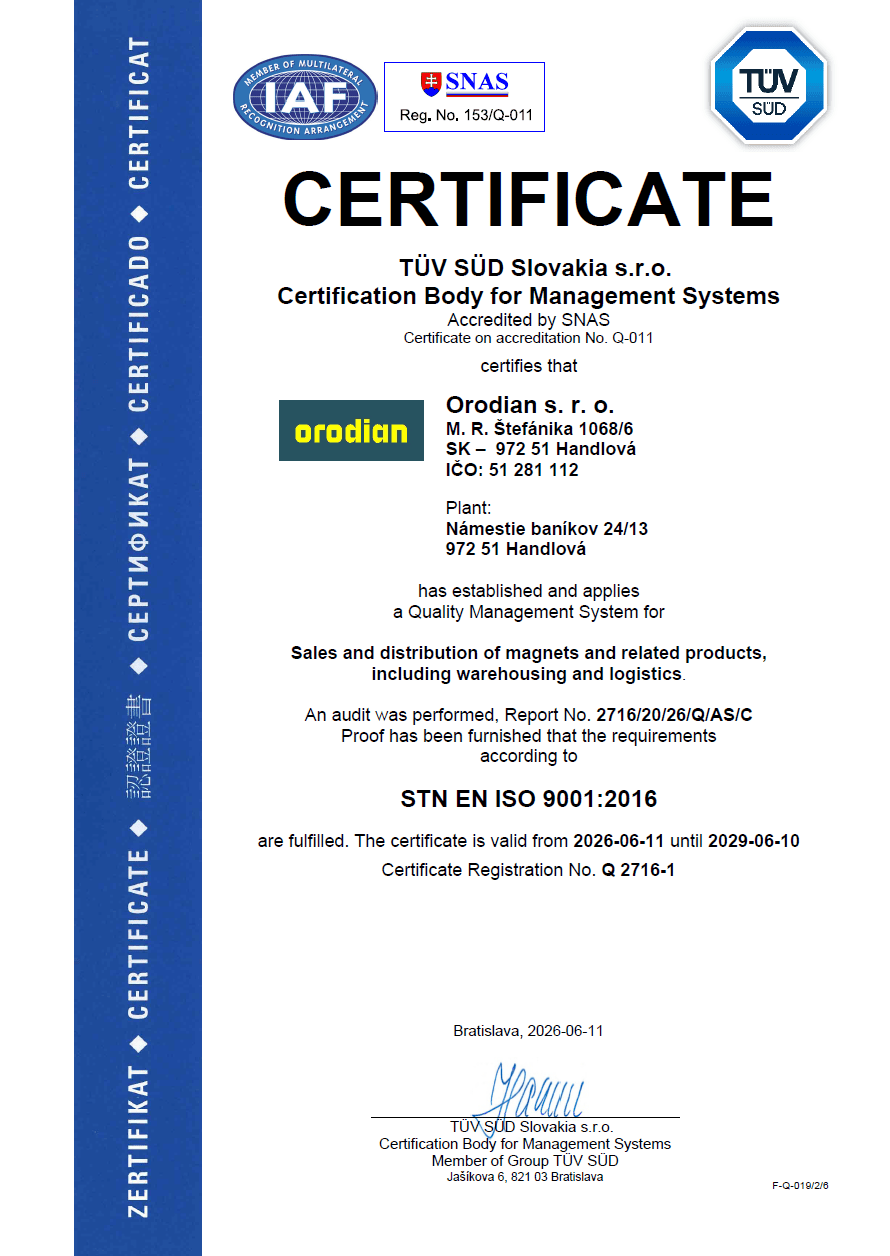 ISO-9001:2016-Zertifikat für Orodian s. r. o.